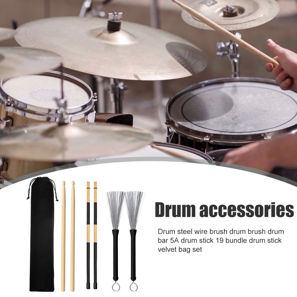 Drum Sticks Wooden Drumsticks Set 1 Pair Drum Wire Brushes Drum Sets Brush and 1 Pair Rods Drum Brushes 6 Pcs/Lots