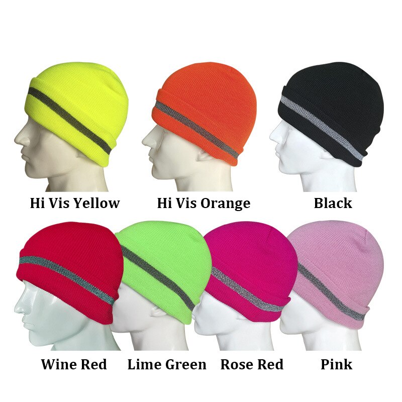 Women Pink Knitted Reflective Beanie with Reflective Stripe Safety Knit Beanie Hats Warm Winter Hats Headwear for Work