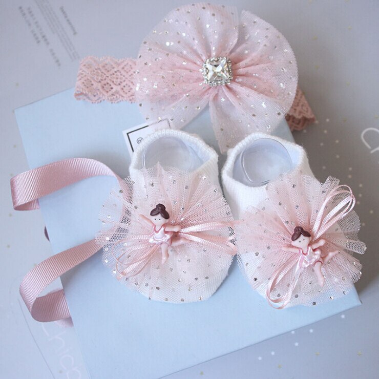Lovely Baby Girl Socks and Headband Set Flower Bowknot Crown Headwrap + Booties Socks 2Pcs Set