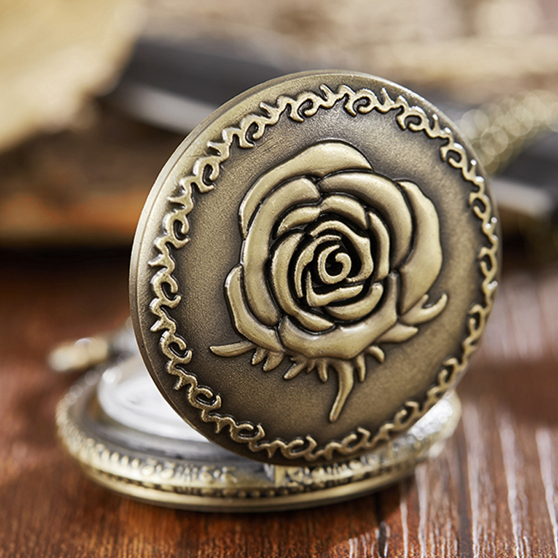 Ancient Pocket Watch Fob Chain Flower Rose Engrave Clock Mens Flip Bronze Case Watch Vintage Male Watches for Men Women