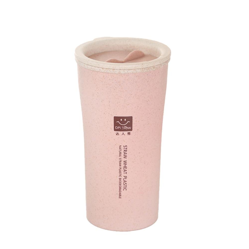 Eco-friendly Drinking Cup 280ML Unbreakable Reusable Two-layer Insulation Wheat Fiber Straw Coffee Cup Travel Mug Leak-proof: Pink