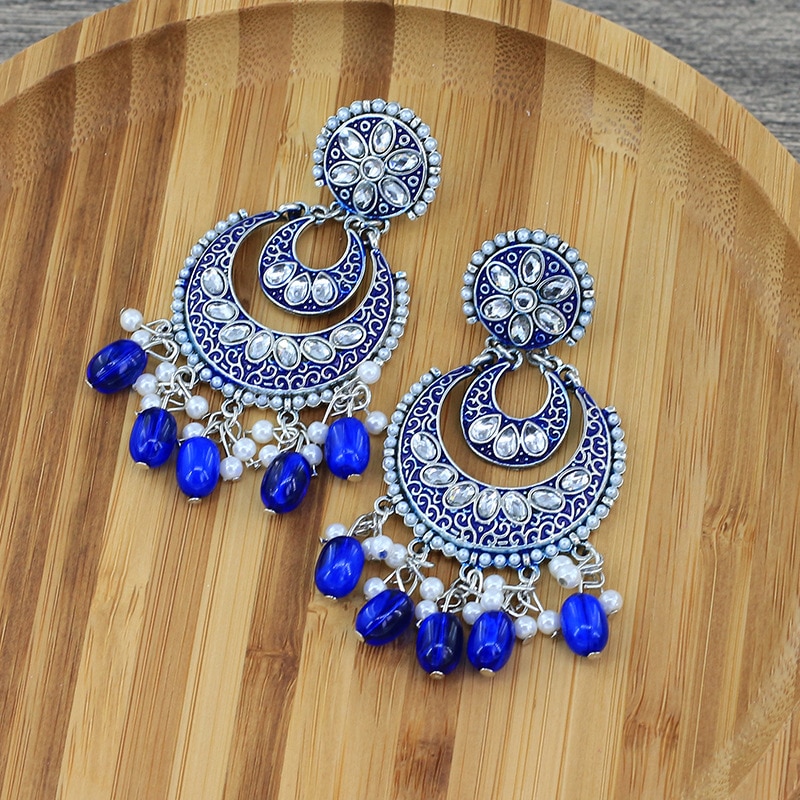 Classic Indian Oxidized Jewelry Earring Boho Crystal Pearl Chandbali Bollywood Party Wedding Wear Double Moon Earrings for Women