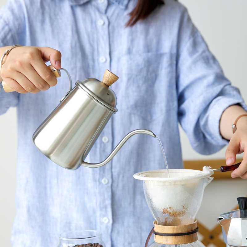 De café de acero inoxidable goteo de agua Delgado Caño erogación café Pour café de mango de madera leche Moka tetera proveedor