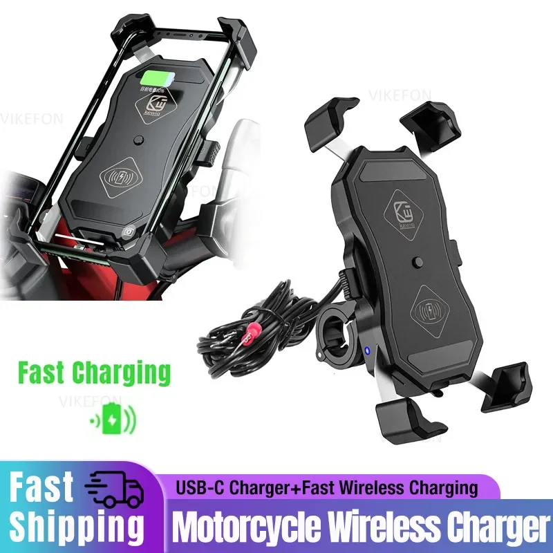 Draadloze oplader voor motorfietsen, telefoonhouder, snelle qi usb-oplader, spiegelhouder voor mobiele telefoon, stuurhouder voor motorfiets