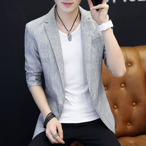 Summer Men Blazer Casual Solid Half Sleeve Slim One-Button Blazer Mens Slim Fit Suit Jacket Black Dress: grey / XL