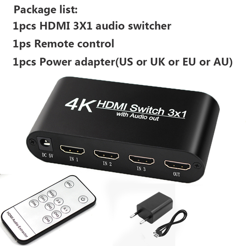 Conmutador HDMI 3x1 con Extractor de Audio salida óptica Toslink compatible con conmutador HDMI 4K 3D 1080P con Control remoto: <=0,5 m