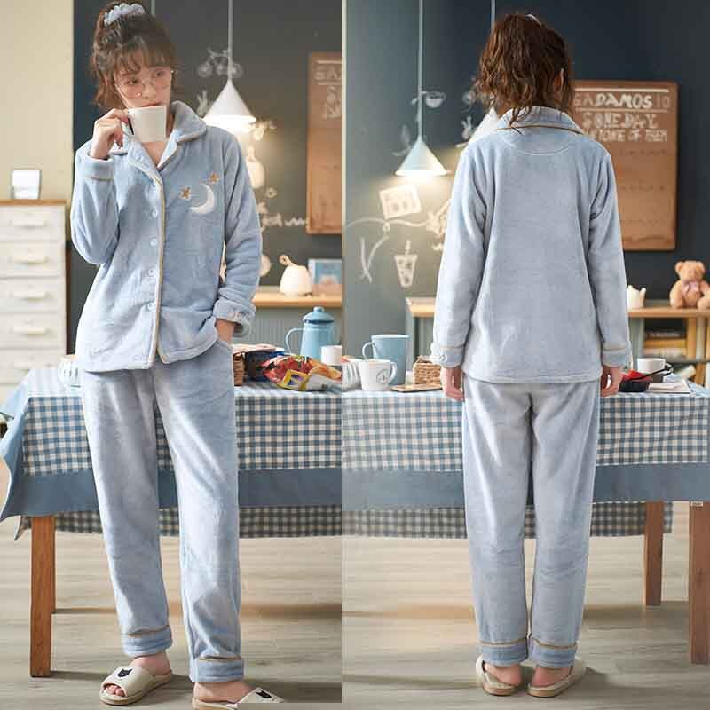 Winter Couples Pajamas Set Cute Moon Star Flannel For Women Pajamas Men Plush Sleepwear Pyjamas Suit Home Clothing Sleep