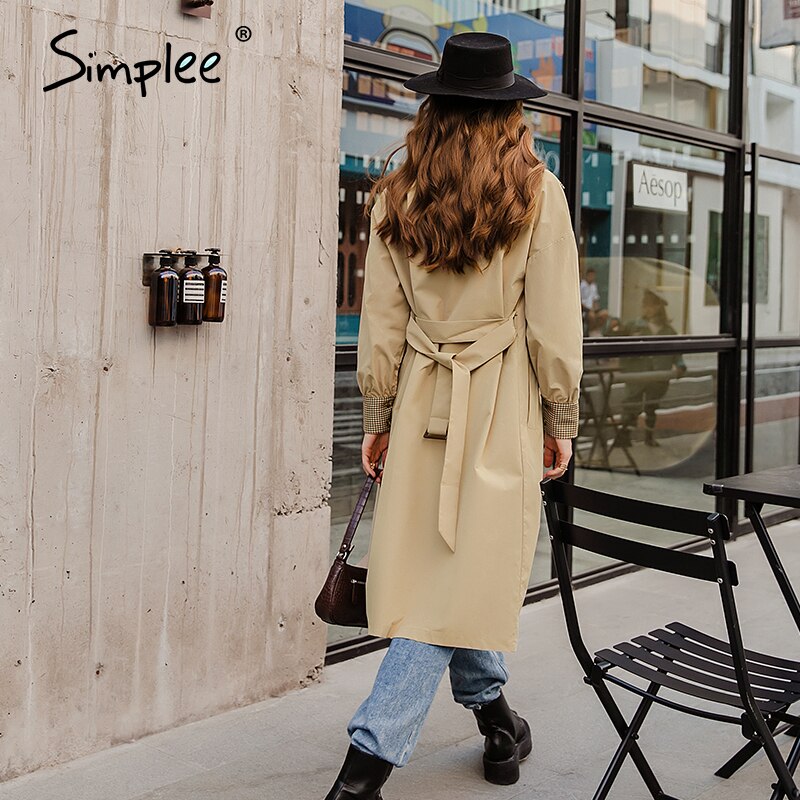 Simplee khaki autumn winter women trench High street long sleeve windproof coat Split lace up straight coat