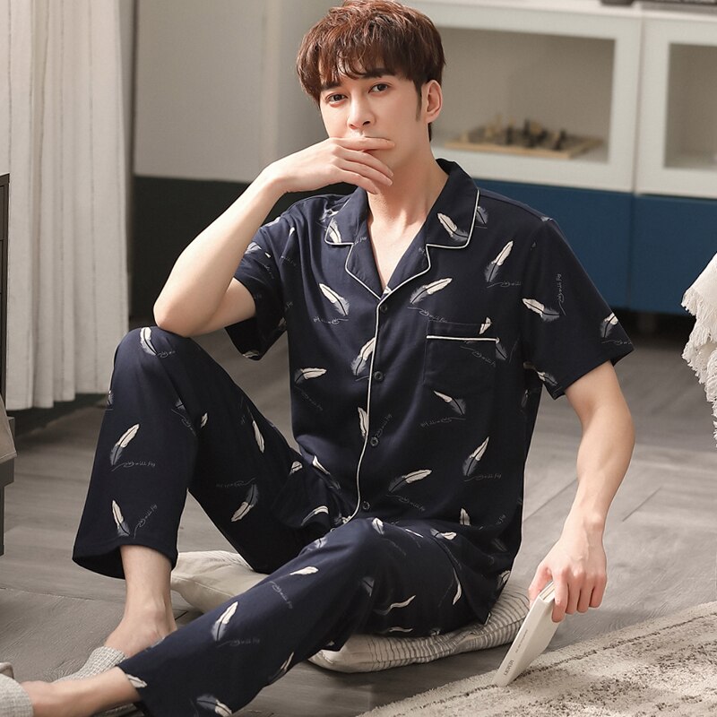 Miesten yöasut plus koko 3xl miesten yöasut kesä 100%  puuvillaa miesten pyjamasetti lyhyet topit+pitkät housut kaksiosainen puku: Xxl