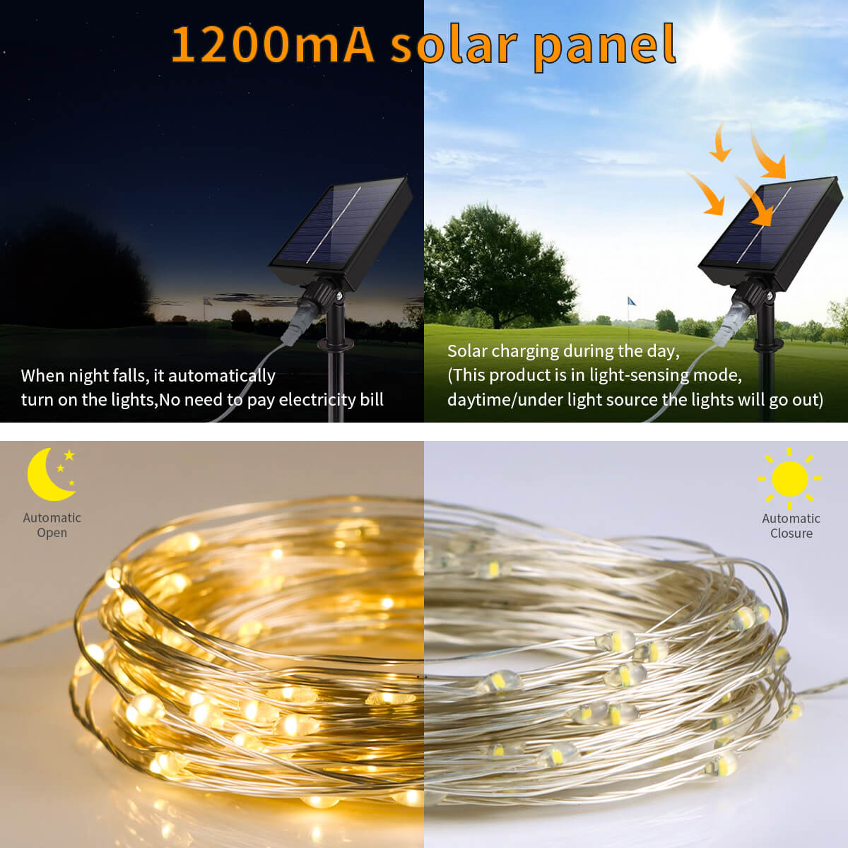100m 50m ledet-lyslenker i kobbertråd med 1200 mah batteri med stor kapasitet, solcellepanel, utendørs hage, husfest, festival