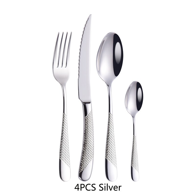 304 Stainless Steel Luxury Flatware Cutlery Set Silver Kitchen Tableware Set Dinnerware Fork Spoon Knife Western Gold Dinner Set: 4pcs Silver