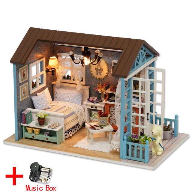 Dukkehus miniature gør-det-selv-model dukkehus med møbler amerikansk retrostil træhus håndlavet legetøj skov gange  z007 # e: Z007 med musik