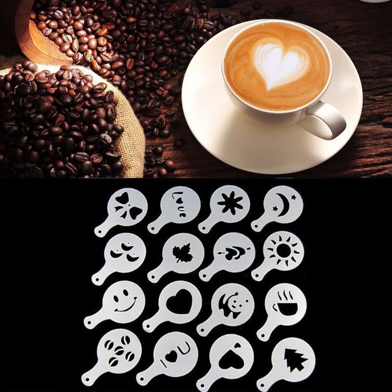C0ffee décoration moule café pochoirs Art moules Latte Latte Cappuccino/Latte pochoir café outil 16 pièces/ensemble Shaker bricolage mesure