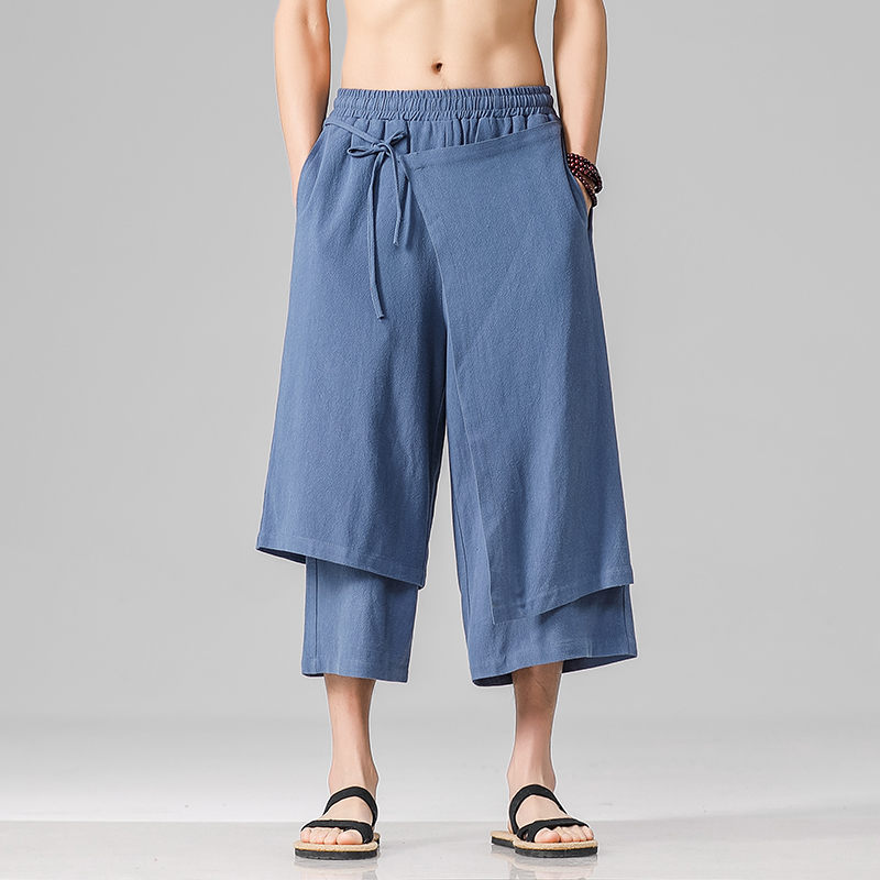 Heren Casual Withe Wijde Pijpen Broek Heren Onregelmatige Katoenen Linnen Harembroek Man Effen Vintage Rokken Broek M-5XL: M / Blauw