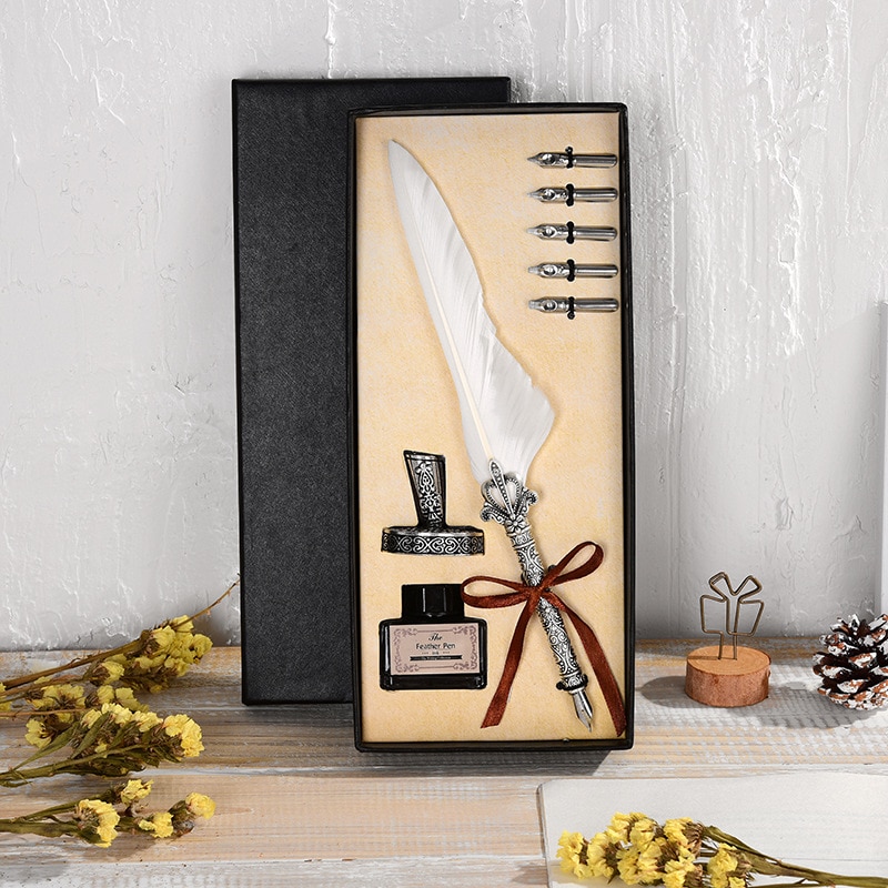 Vintage Antique Feather Dip Pen Metal Nibbed Ink Writing Quill Pen Retro Scrapbooking Feather Pen Set Birthday