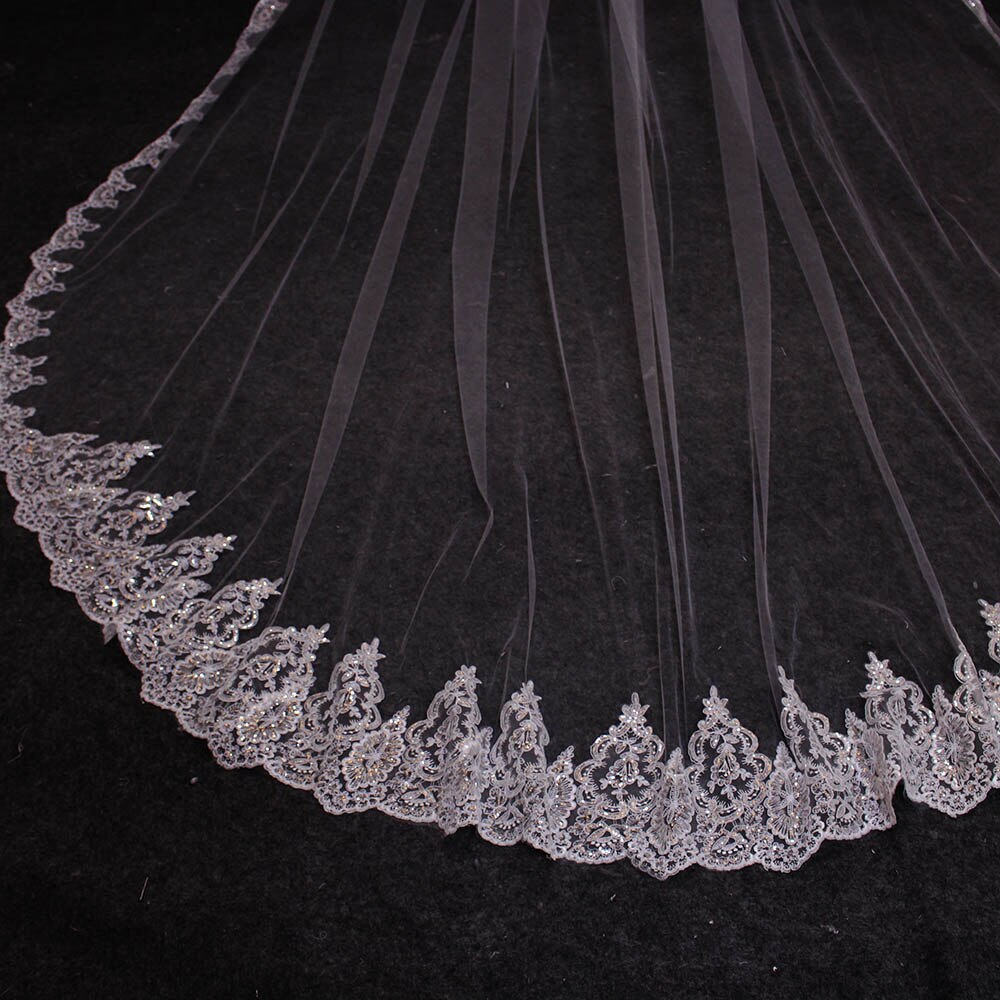 velo de lujo de una capa de 4 metros con lentejuelas brillantes y bordes de encaje, velo largo de boda con peine de , velo de novia blanco color marfil