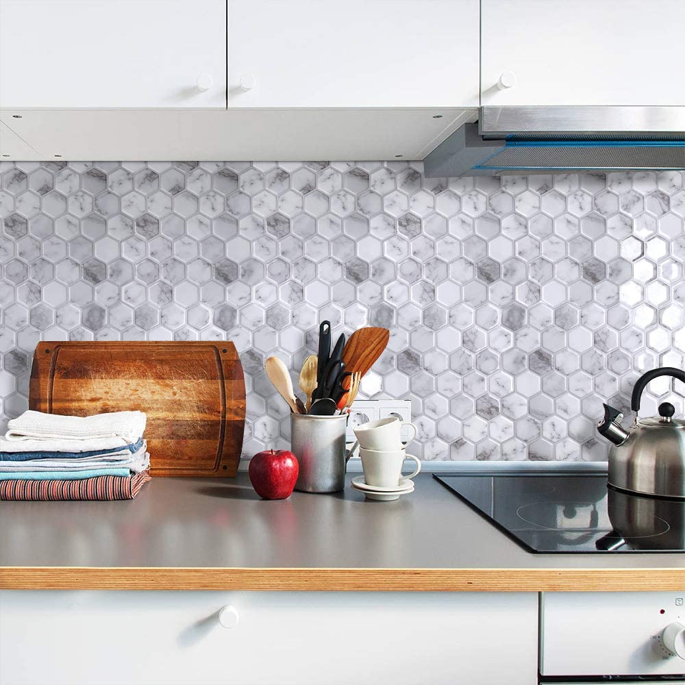 Hexagon White Stone texture Vinyl Sticker Self Adhesive Wallpaper Kitchen Bathroom Square Wall Tiles (1 Sheet)