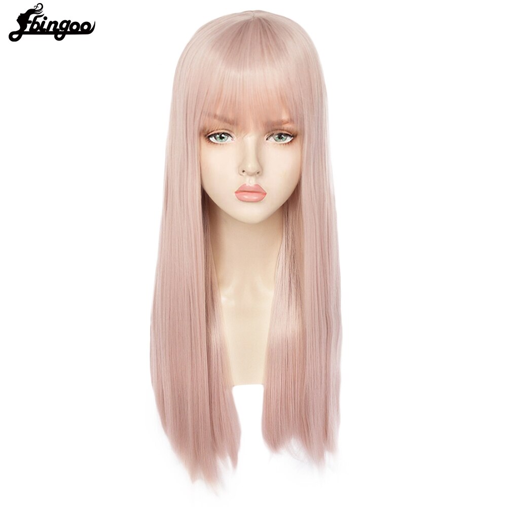 Ebingoo】-gorro de pelo + fibra blanca de alta temperatura, peluca larga de pelo sintético con flequillo para mujer, color blanco, gris, marrón y rosa: DM1707539