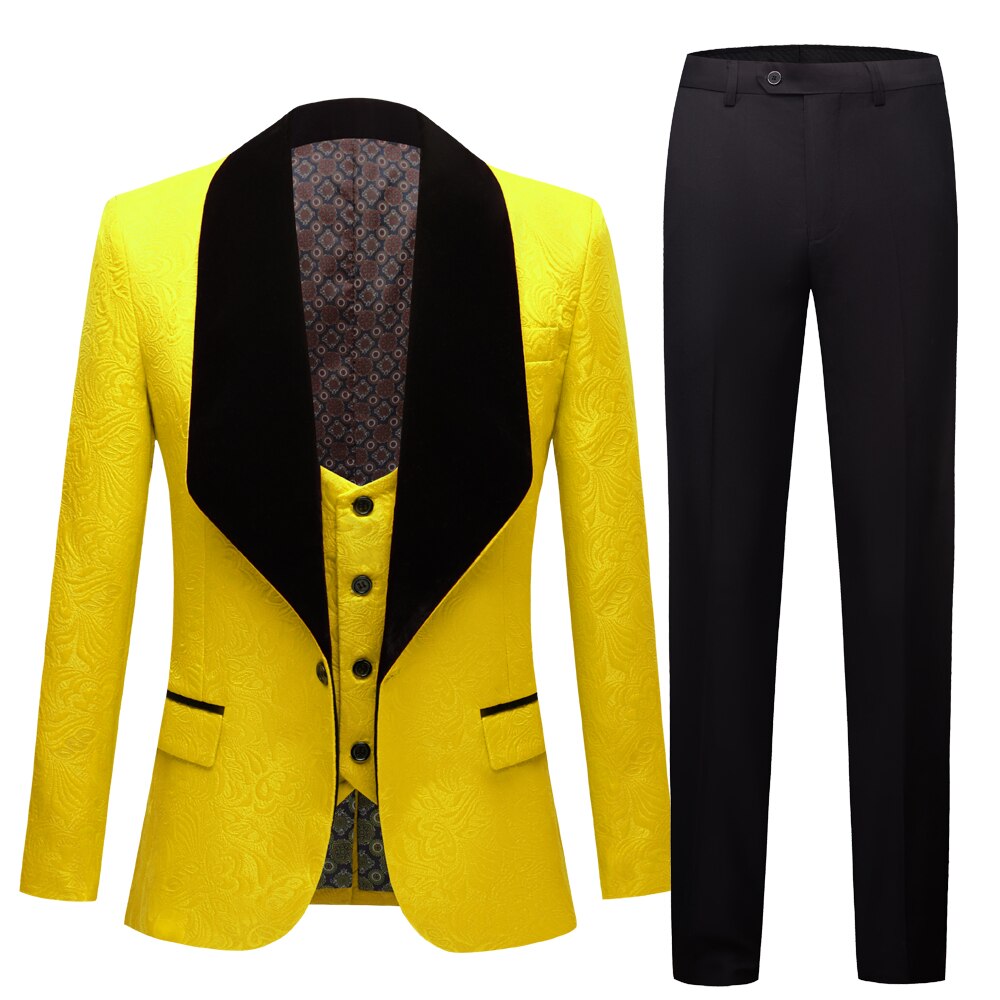 Nuovo abito da uomo classico Slim Fit Masculino abiti da sera per uomo scialle risvolto smoking da sposo giallo viola abbigliamento da sposa 3 pezzi: Black pants 3PCS / US size 38 S