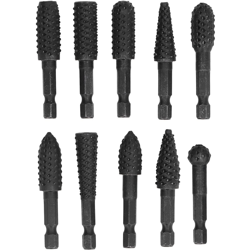 10Pcs Woodworking Grinding Drill 1/4in Hex Shank Engraving File Rotary Burr Drill Bits Set: Default Title
