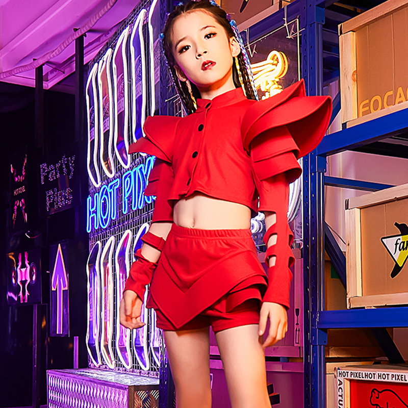 Traje de baile de Jazz para niñas, Conjunto blanco roja de Hip Hop, traje de baile callejero moderno, espectáculo de pasarela: Red Set / 150cm