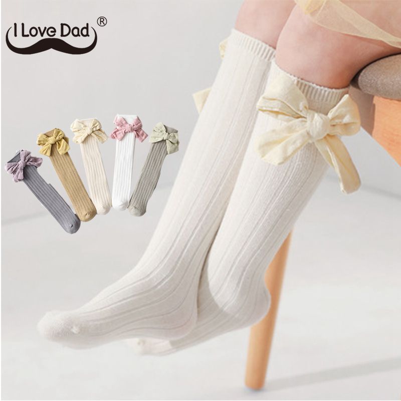 Big Bow Baby Girls Sock Solid Color Infant Girls Knee High Socks Soft Cotton Long Socks Toddler Kids Children 1-3Y