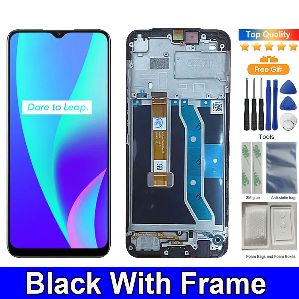 6.5 '' til realme  c15 rmx 2180 lcd-skærm, berøringspanel, digitizer, skærmudskiftning med ramme til realme  c15 lcd: Sort
