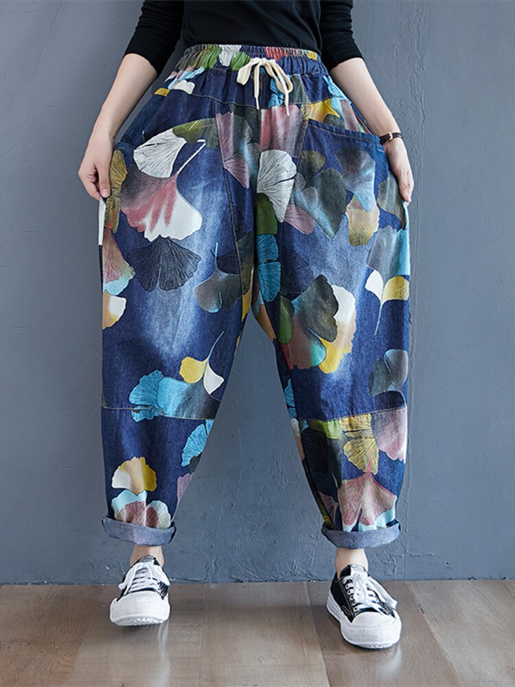 Print Ginkgo leaves Street Casual Jeans Korea Style Washed Denim Jeans Harem Pants Women Autumn Spring Cowboy Jeans