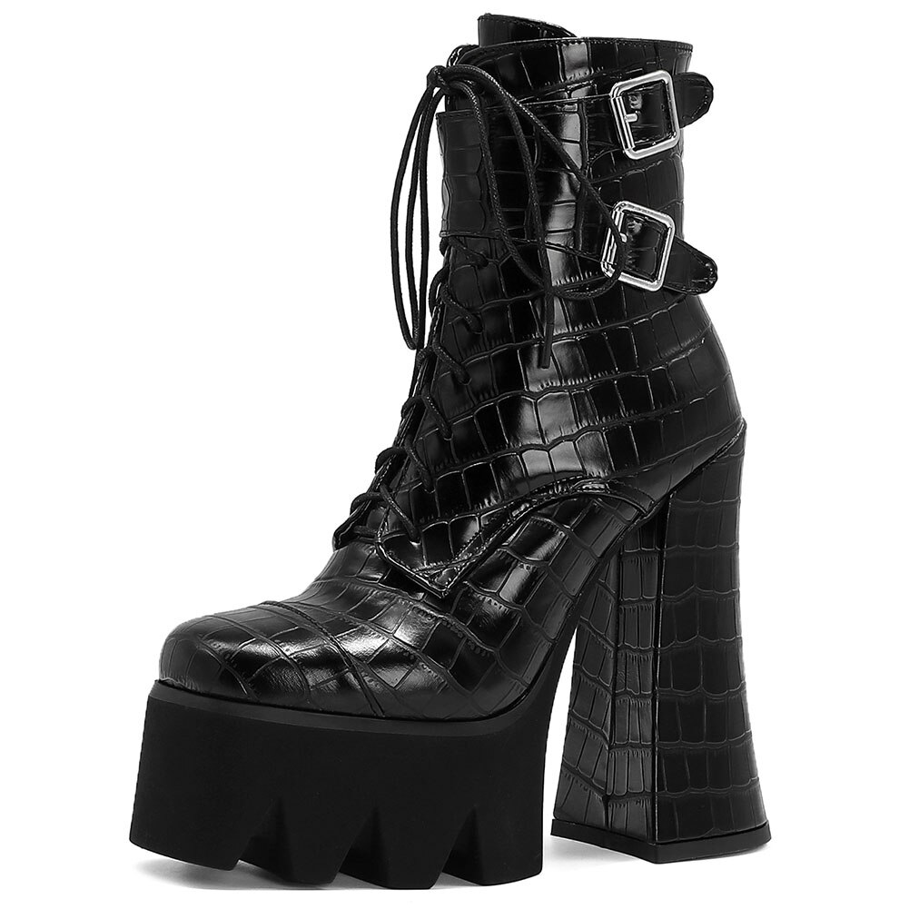 Doratasia sexigt märke dam solida höga klackar snörning ankelboots vinterstövlar kvinnor blockhäl dragkedja svarta skor kvinna: Svart stil 2 / 10.5
