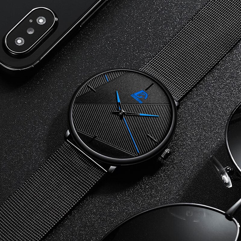 Herreure simple mænd business ultra tyndt rustfrit stål mesh bælte quartz ur minimalistiske armbåndsure til mænd