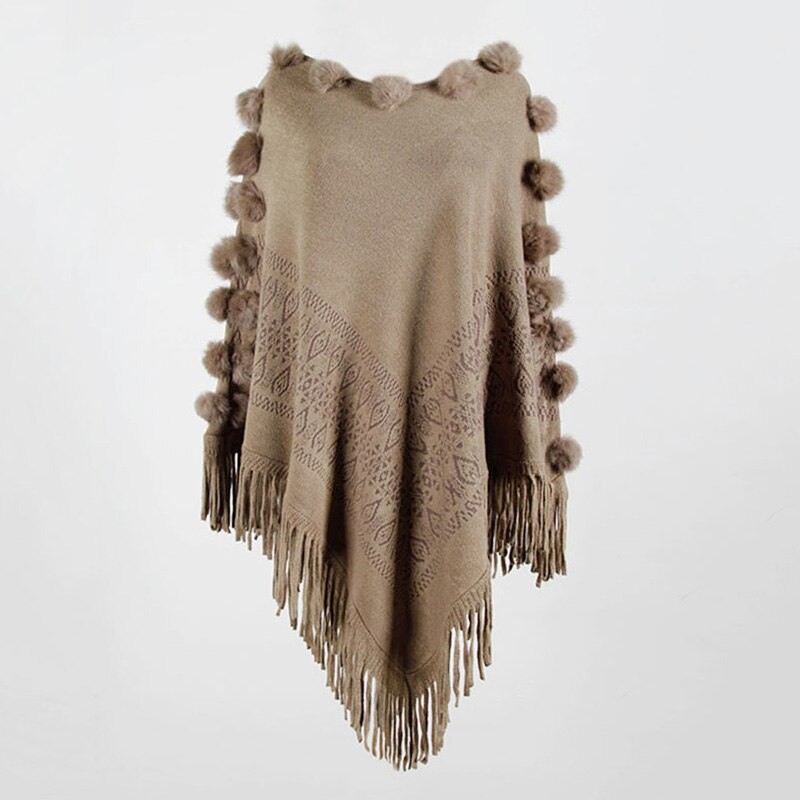 Dam cape kappa tofs stickad poncho lös pullover tröja kappa sjal höst vinter toppar kvinnliga solida ponchos med hårboll: Mörk khaki