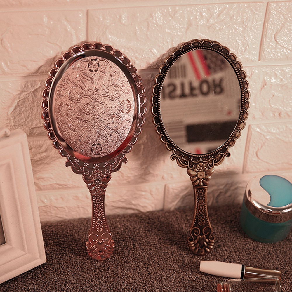 Bærbart vintage spejl håndholdt makeup spejl pink blomstret ovalt rundt kosmetisk håndholdt spejl med håndtag til rejser