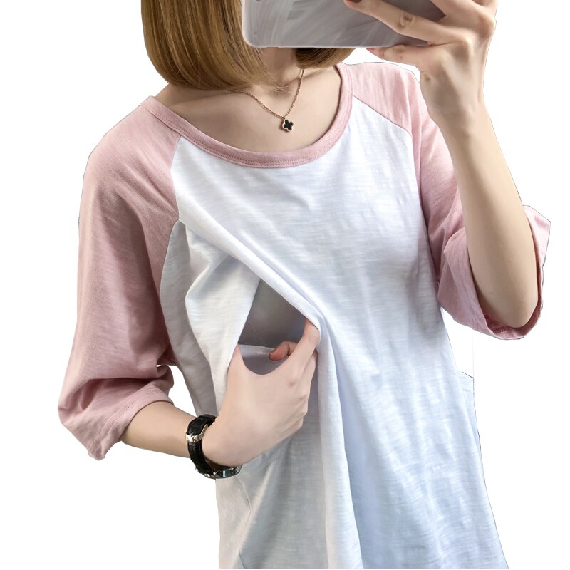 Bamboo Cotton Postpartum Nurse T-shirt Summer Pregnant Women Clothes Maternity Clothes 3906: Pink / XXL