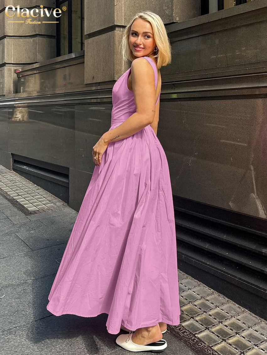 Clacive Summer Slim Pink Women's Dress O-Neck Sleeveless Ankle Length Dresses Classic Pleated Female Dress