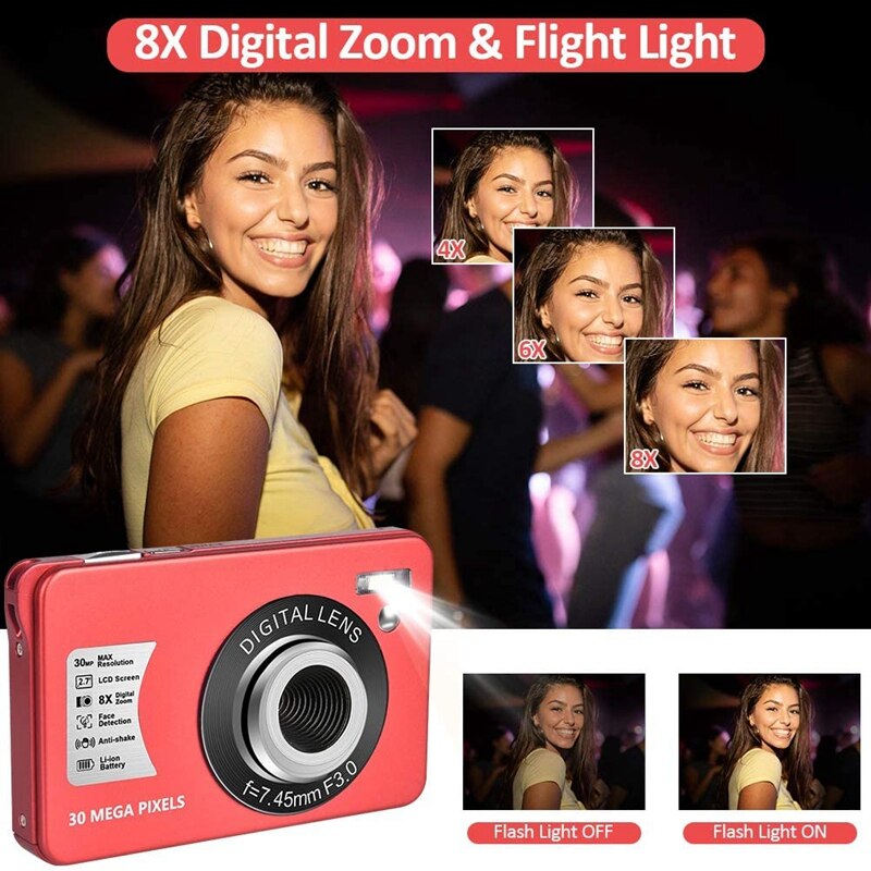 Cámara Digital HD 1080P de 30 MP, Mini cámara de pantalla LCD de 2,7 pulgadas con Zoom Digital 8X, cámaras compactas para adultos, Adolescentes