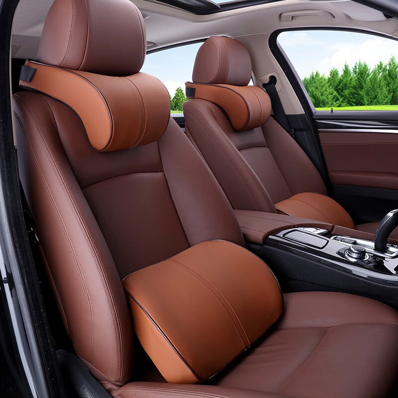 Car Seat Headrest Pillows Waist Back Support Cushions Set Memory Foam Black PU Leather Neck Rest Pad Auto Styling Accessories