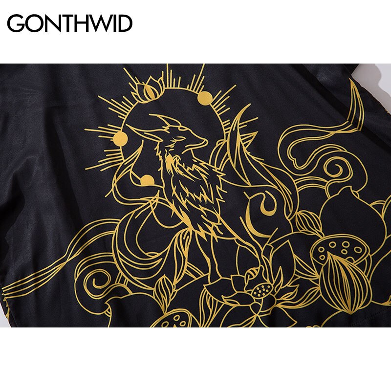 GONTHWID Lotus Bloemen Print Japanse Kimono Vest Jas Jassen Harajuku Hip Hop Casual Losse Tops Streetwear Shirts Jassen