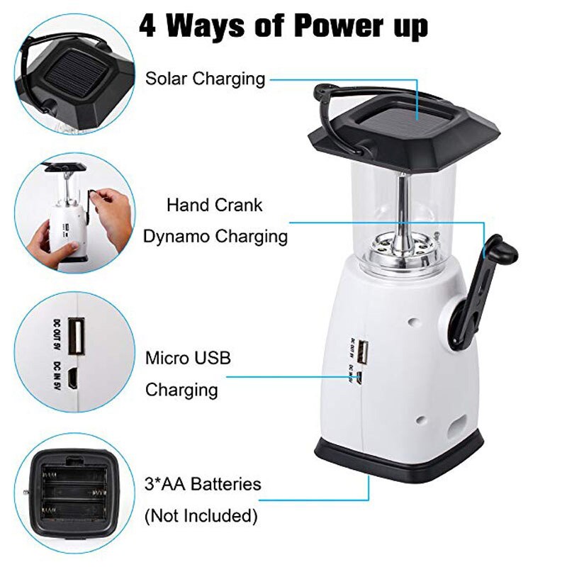 Multi-Functional 4-Way Powered Solar Hand Crank Led Camping Lantern with Radio and Emergency Cell Phone Charger