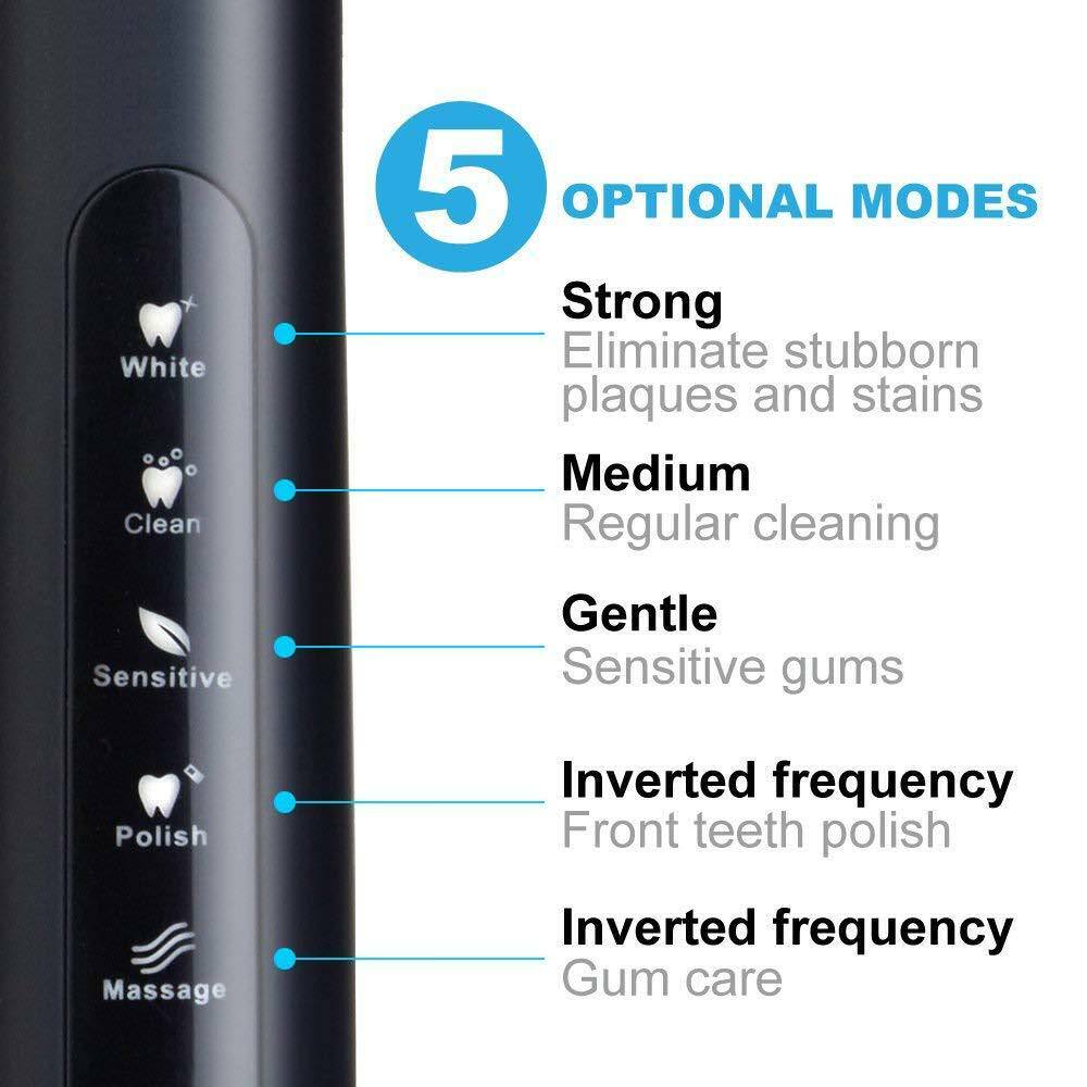 Fairywill Sonic Electric Toothbrush Rechargeable Smart Timer 5 Modes USB Charger Cleaning Brush Replacement 3 Brush Heads Adult