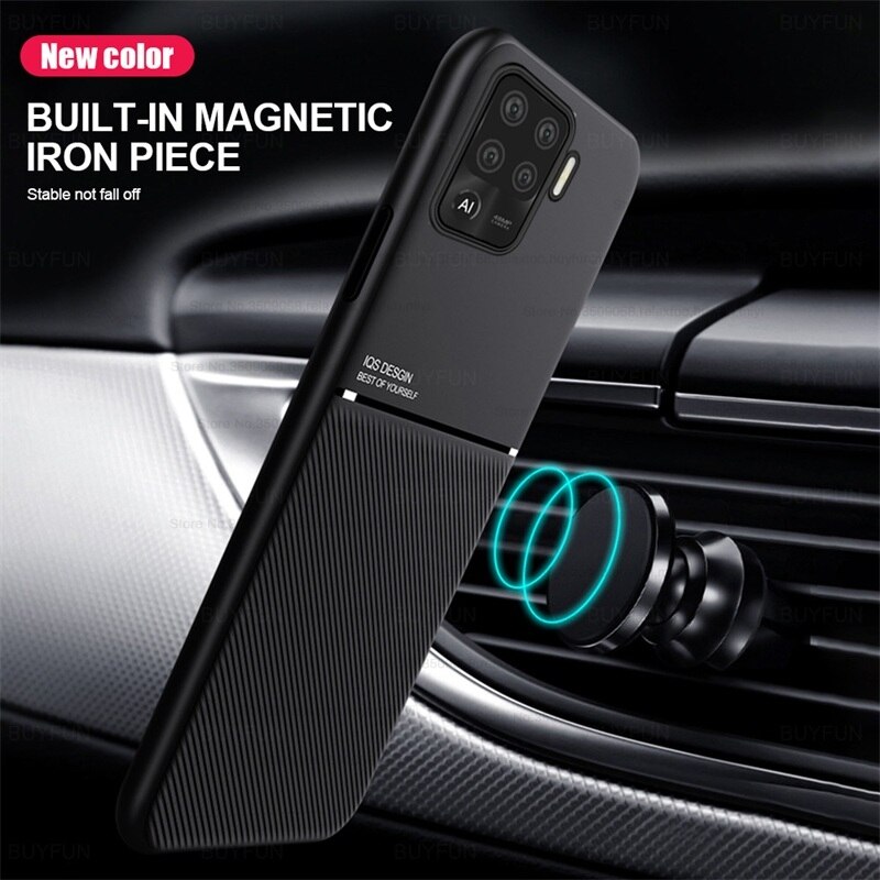 Lederen Textuur Magnetische Autohouder Silicon Bumper Shockproof Coque Cover Voor Oppo Reno5 Licht Reno 5 Lite 5 Lite case Cover