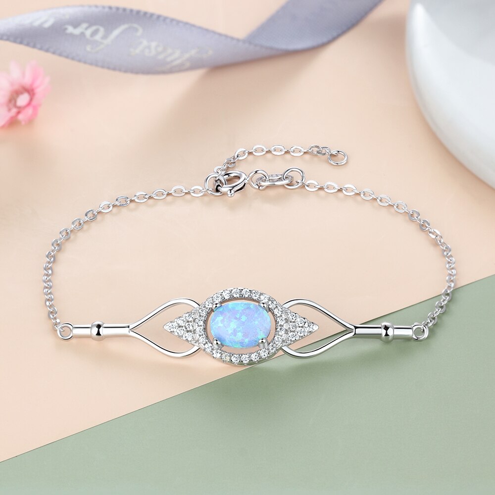 Charm 925 Sterling Zilveren Ketting Armband Eye Shape Oval Gemaakt Blue Opal Armband Femme Sieraden Voor Vrouwen (Lam hub Fong)