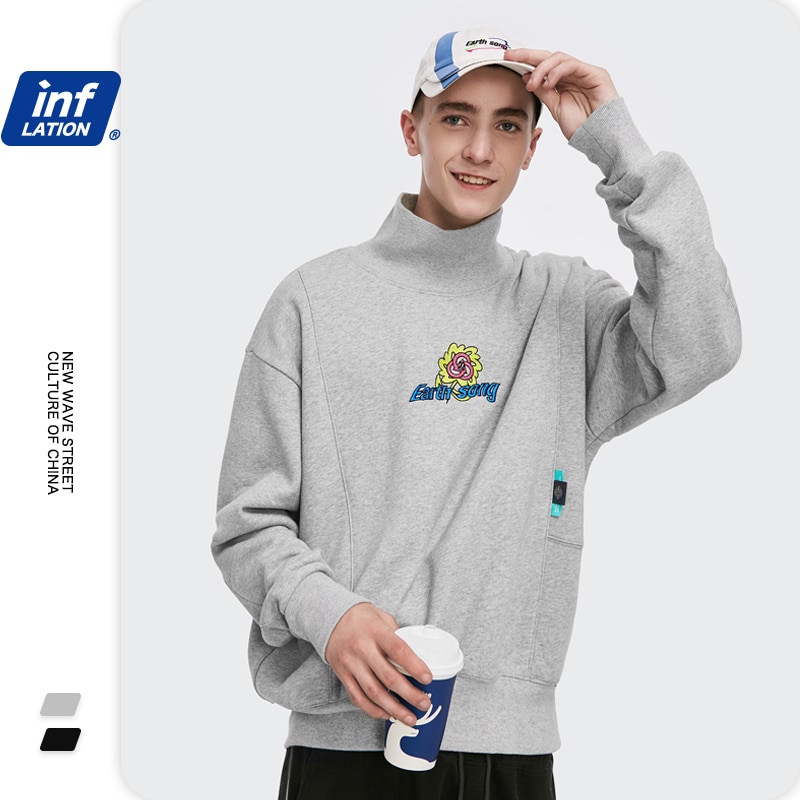 Inflasjon fleece tykk genser til menn толстовка vinter varm høy krage blomsterbroderi genser herre genser 1347w