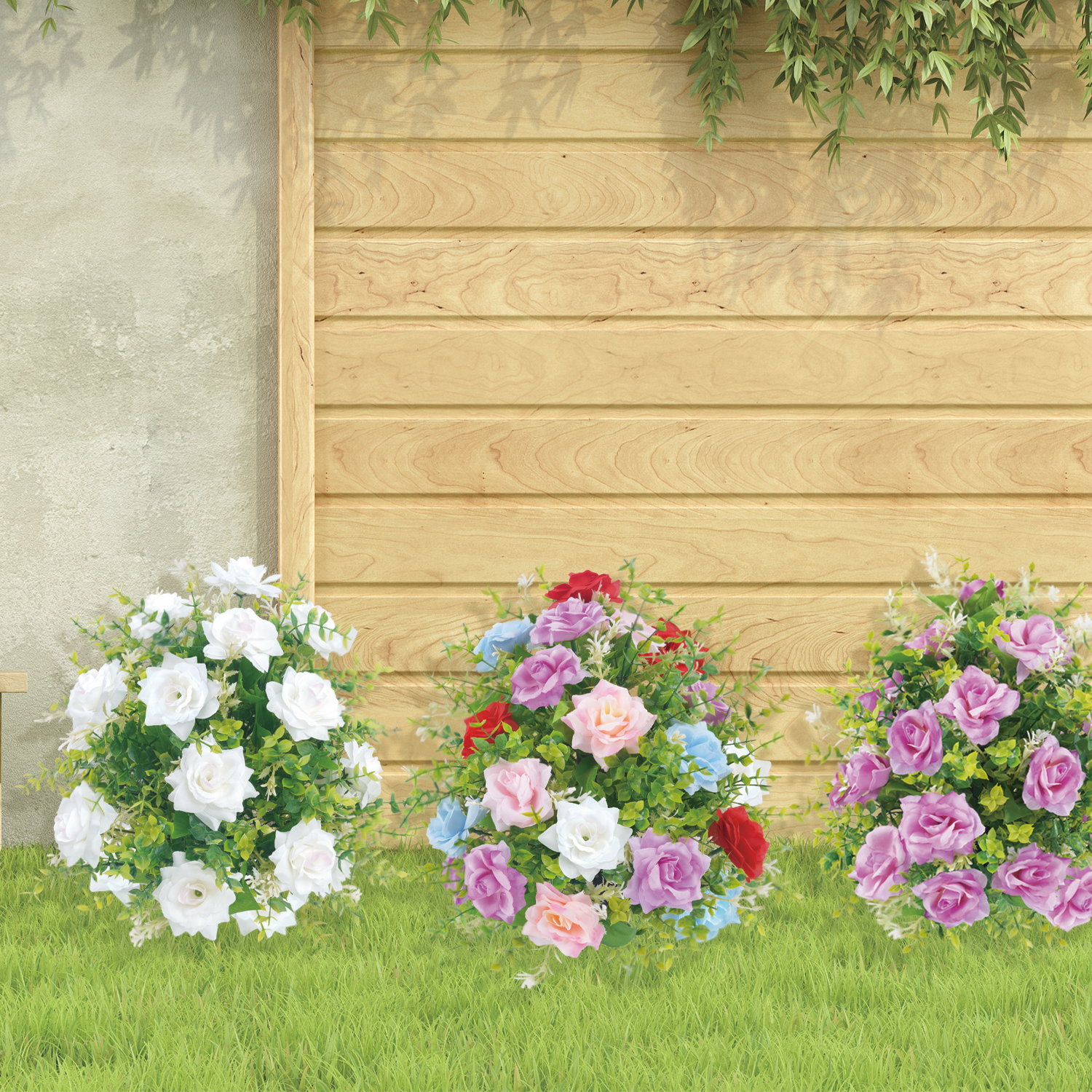 Rosa de flores artificiales con picos de tierra, estaca de jardín, arbustos verdes de imitación, decoración de jardín, porche de jardín al aire libre, decoración de boda