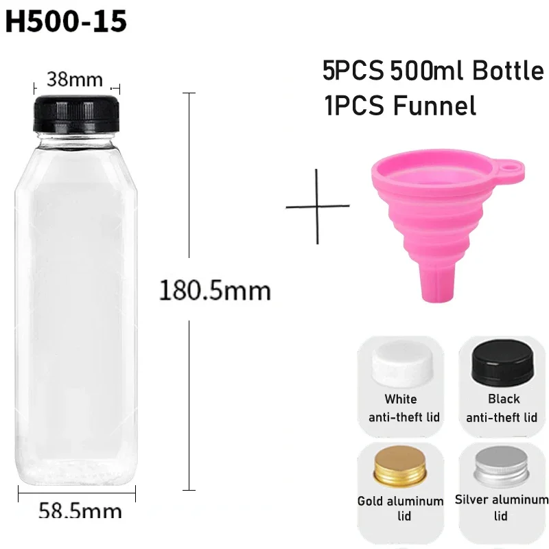 5 uds 60-500ML botellas de plástico transparentes vacías con tapas con embudo plegable contenedores de botellas de agua reutilizables para batidos de jugo DIY