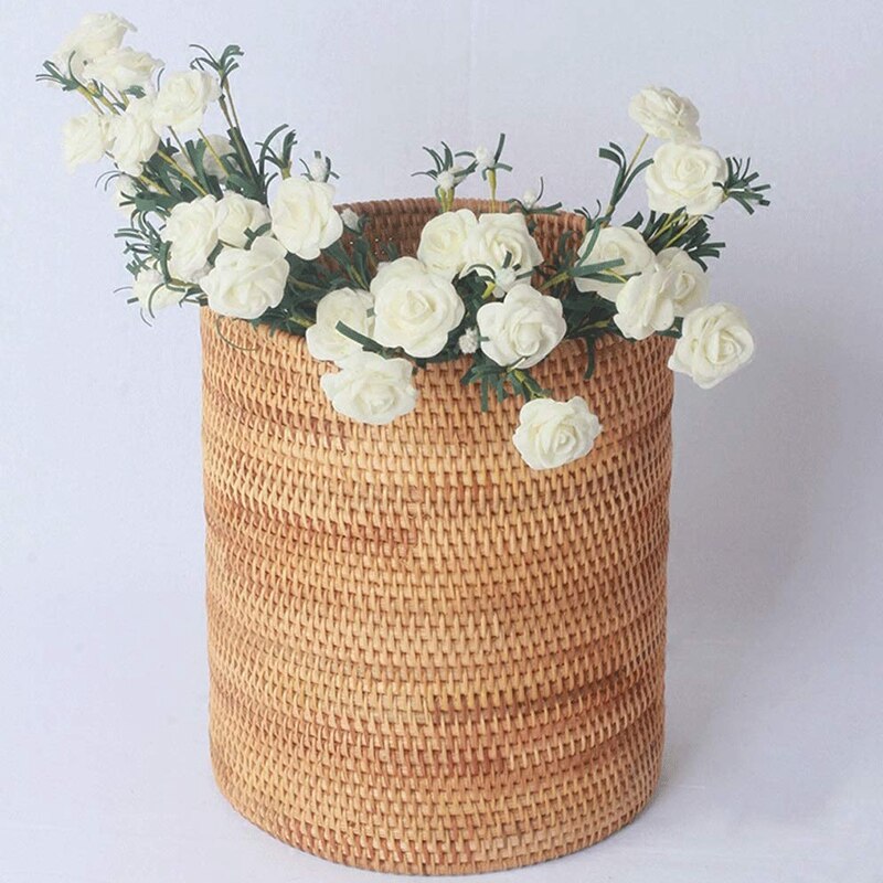 Cubo de basura de mimbre hecho a mano, cilindro de almacenamiento, papelera para escritorio, cesta de almacenamiento de mimbre (20CM): Default Title