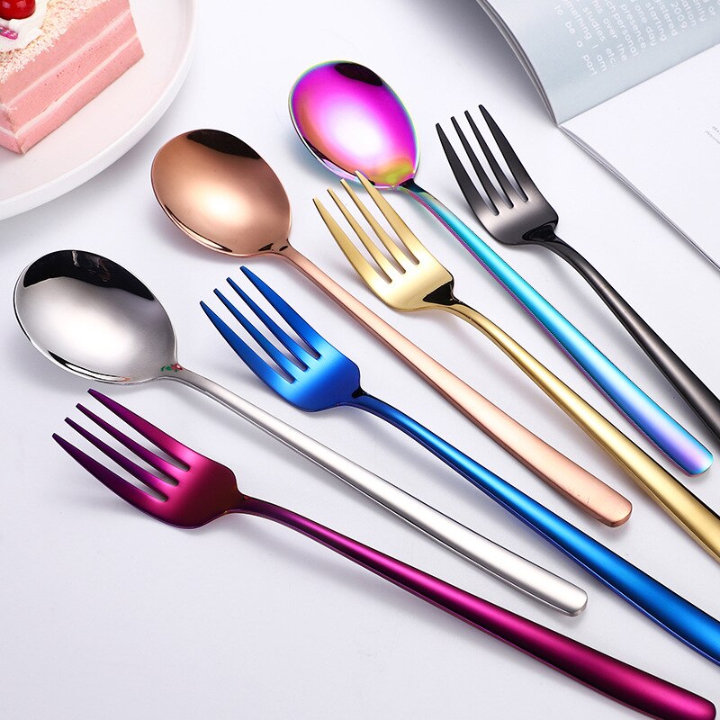 1PC Cake Dessert Forks Stirring Spoons Stainless Steel Colorful Long Handle Coffee Ice Cream Scoop Kitchen Tableware Supplies