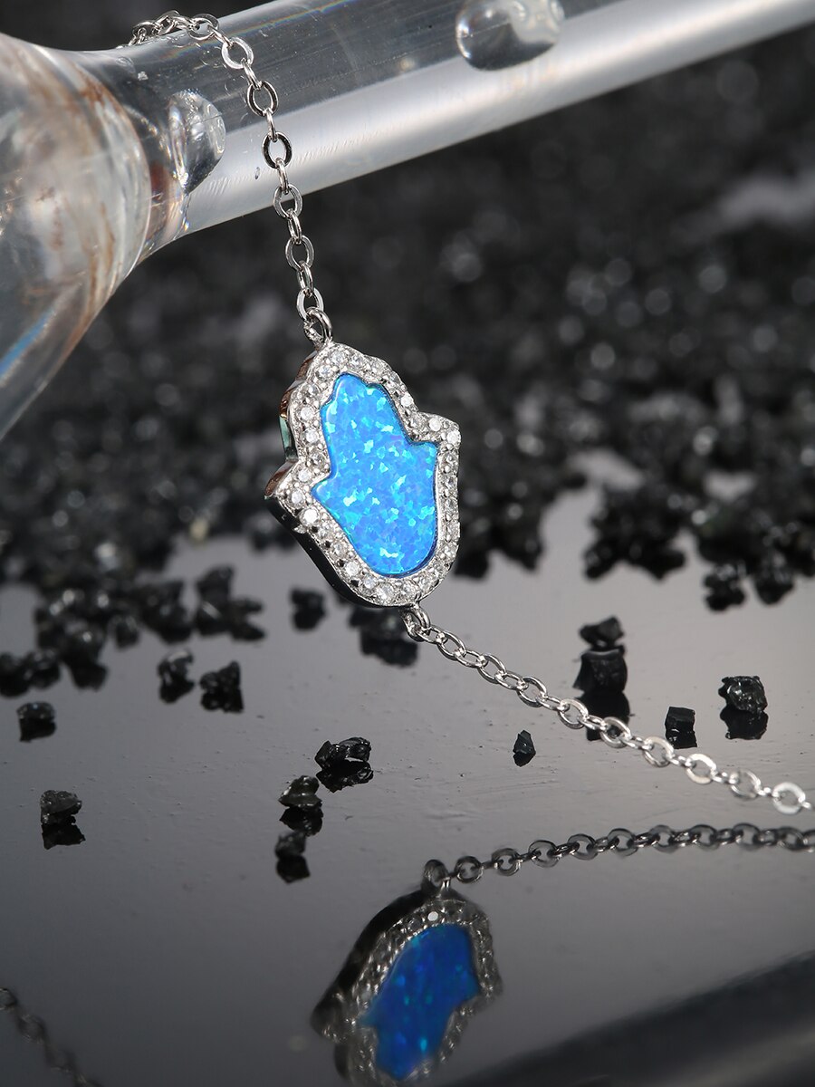 925 Sterling Zilveren Blauwe Opaal Hamsa Hand Armband Voor Vrouwen Fatima Ketting Armbanden Vriendschap Lucky Sieraden