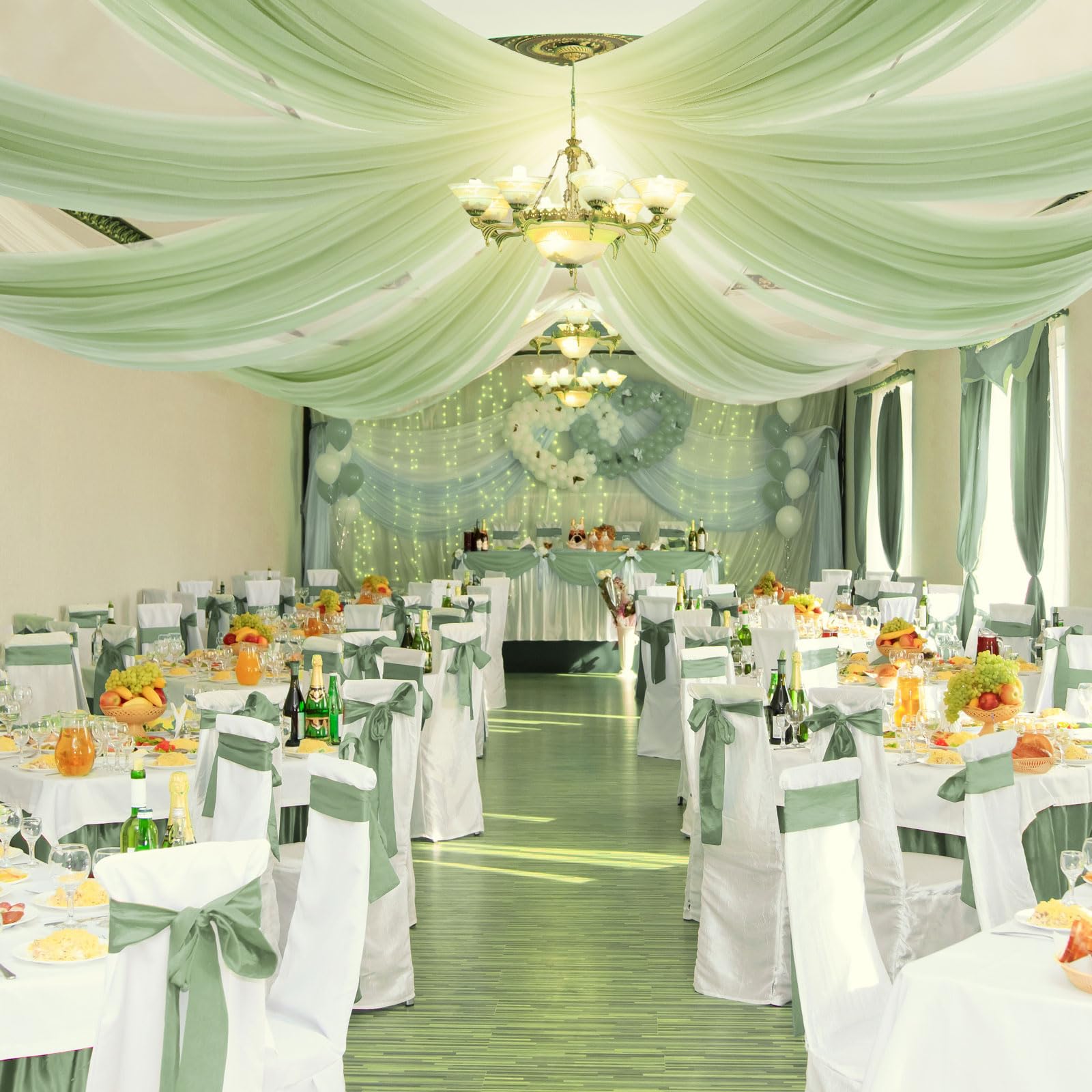 Draperies de plafond en mousseline de soie pour arche de mariage, tissu drapé, draperie blanche, décorations de plafond, scène de cérémonie de fête, Tyys: S / Olive