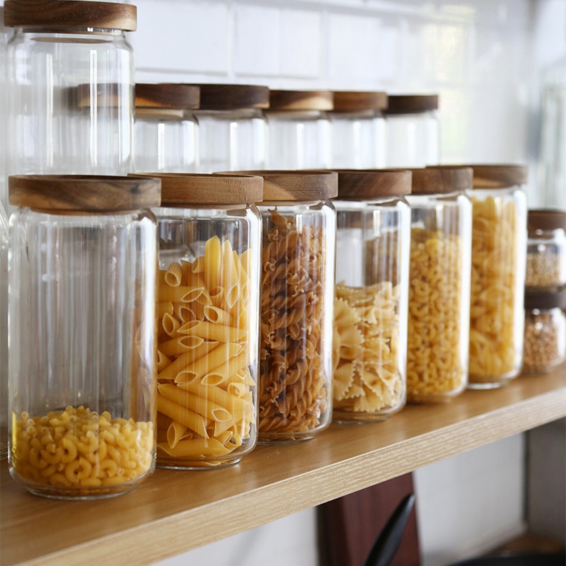 Glas lufttæt beholder klare krukker kornbeholder mad sortering opbevaringsflasker kaffebønner te opbevaringskrukke kan med trælåg