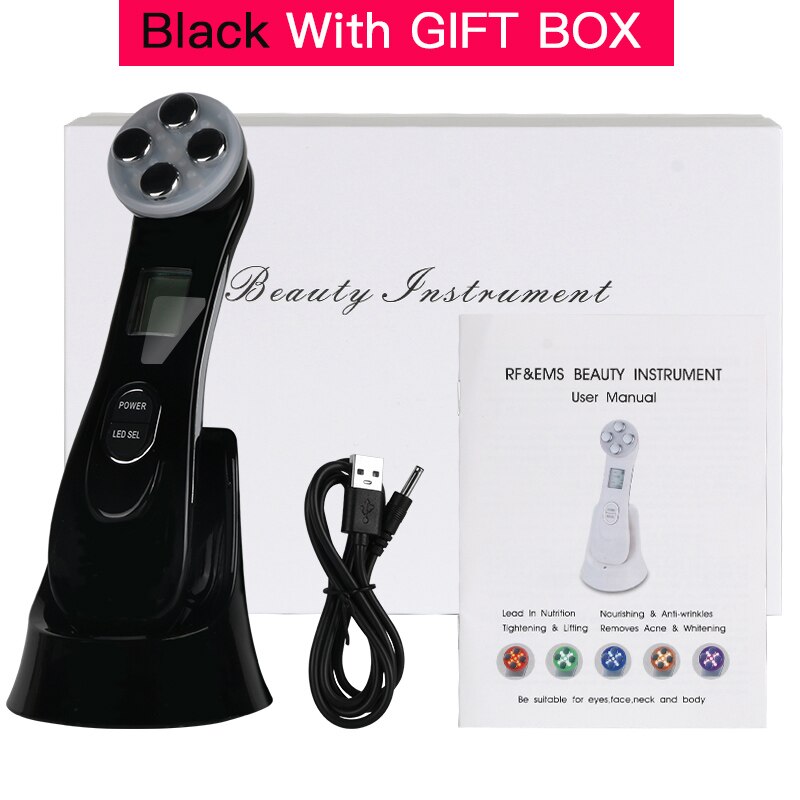 LED Photon Face Skin EMS Mesotherapy Electroporation RF Radio Frequency Facial Skin Care Device Face Lift Tighten Beauty Machine: Black With Box